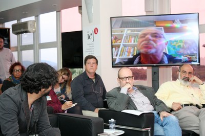 Jorge Luiz Campos, Sérgio Adorno and Guilherme Ary Plonski with Bernardo Sorj via Skype