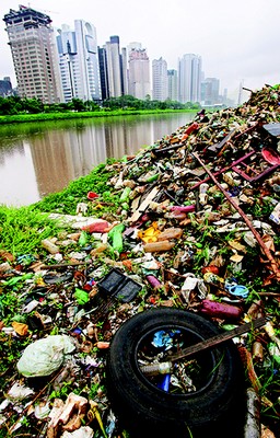 Lixo acumulado na margem do Rio Pinheiros devido as chuvas, São Paulo, 2007.