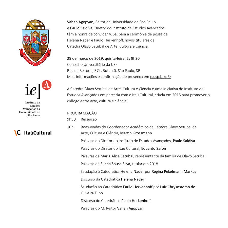 Convite Posse Cátedra Olavo Setubal 2019