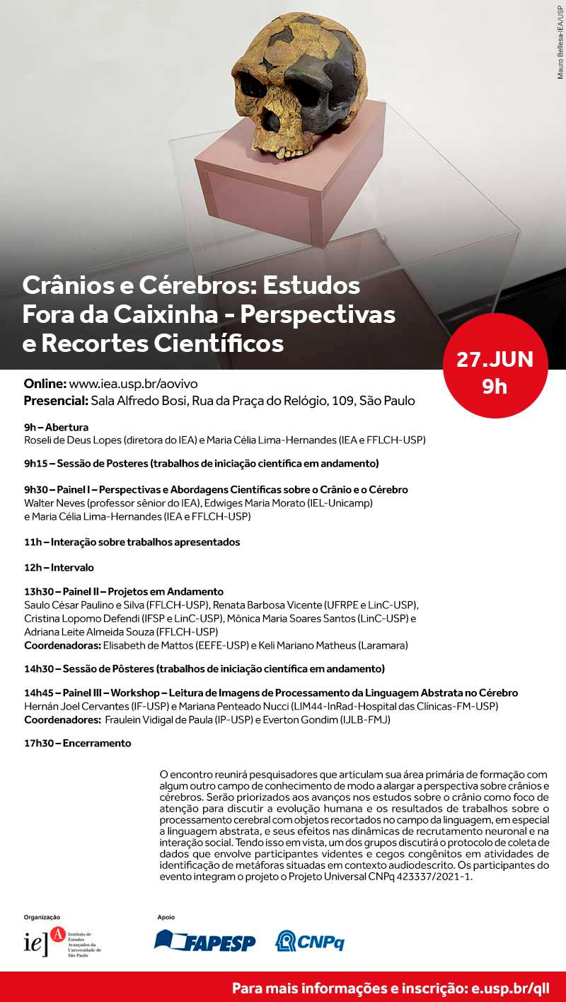 Convite do seminário "Crânios e Cérebros: Estudos Fora da Caixinha - Perspectivas e Recortes Científicos"