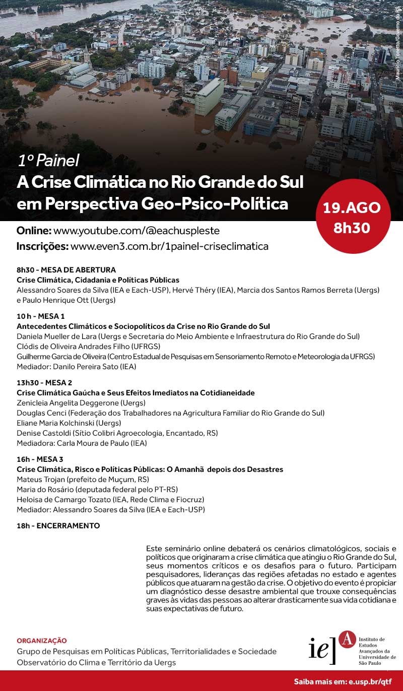 Convite para o seminário "A Crise Climática no Rio Grande do Sul em Perspectiva Geo-Psico-Política" (Painel 1)