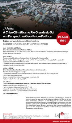 Convite para o seminário "A Crise Climática no Rio Grande do Sul em Perspectiva Geo-Psico-Política" (Painel 1)