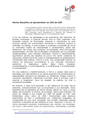 Novos desafios se apresentam ao IEA da USP - projeto Página 1