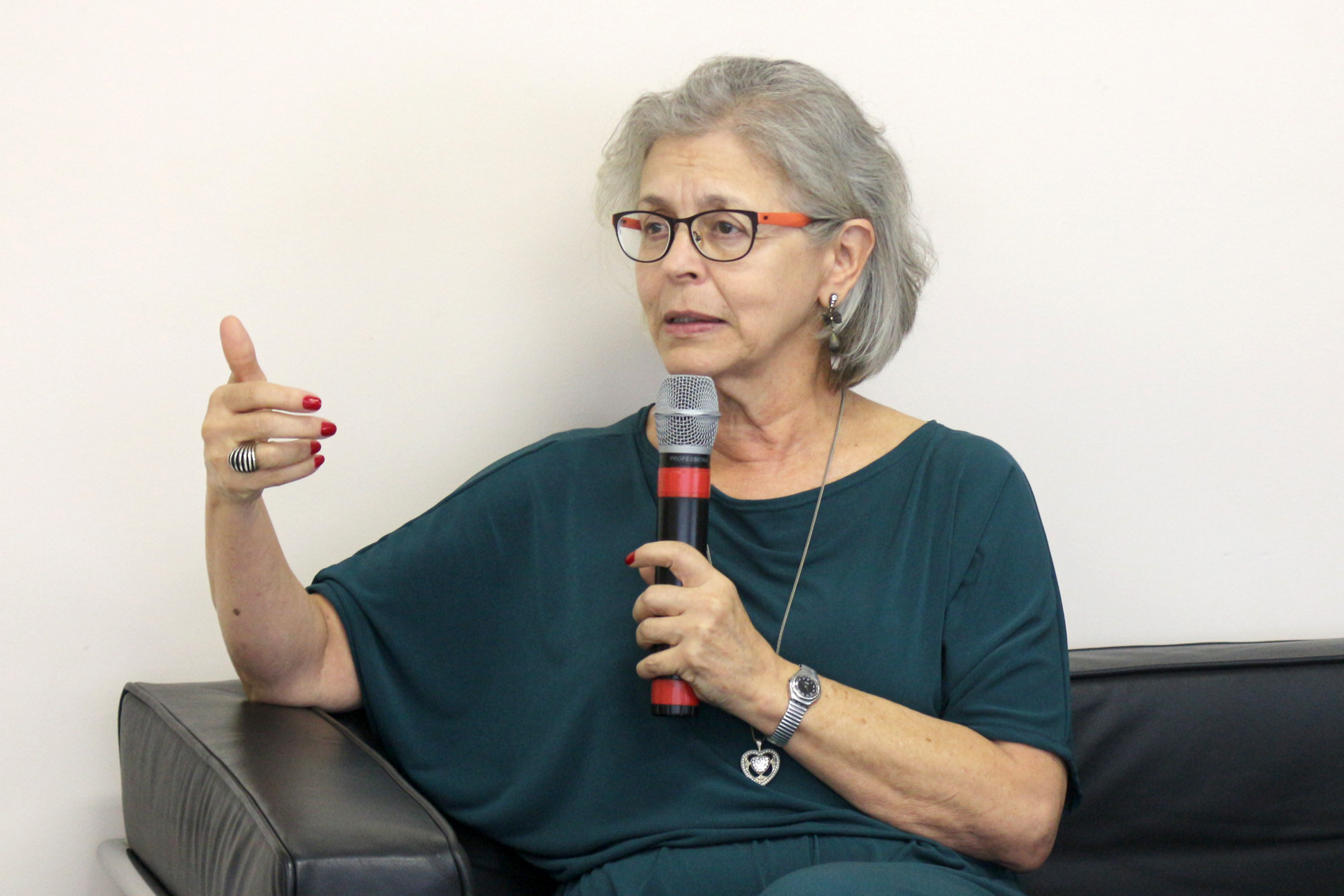 Nely Aparecida de Mello-Théry faz perguntas ao expositor durante o debate