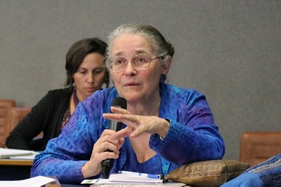 Laura Meagher fala durante o debate