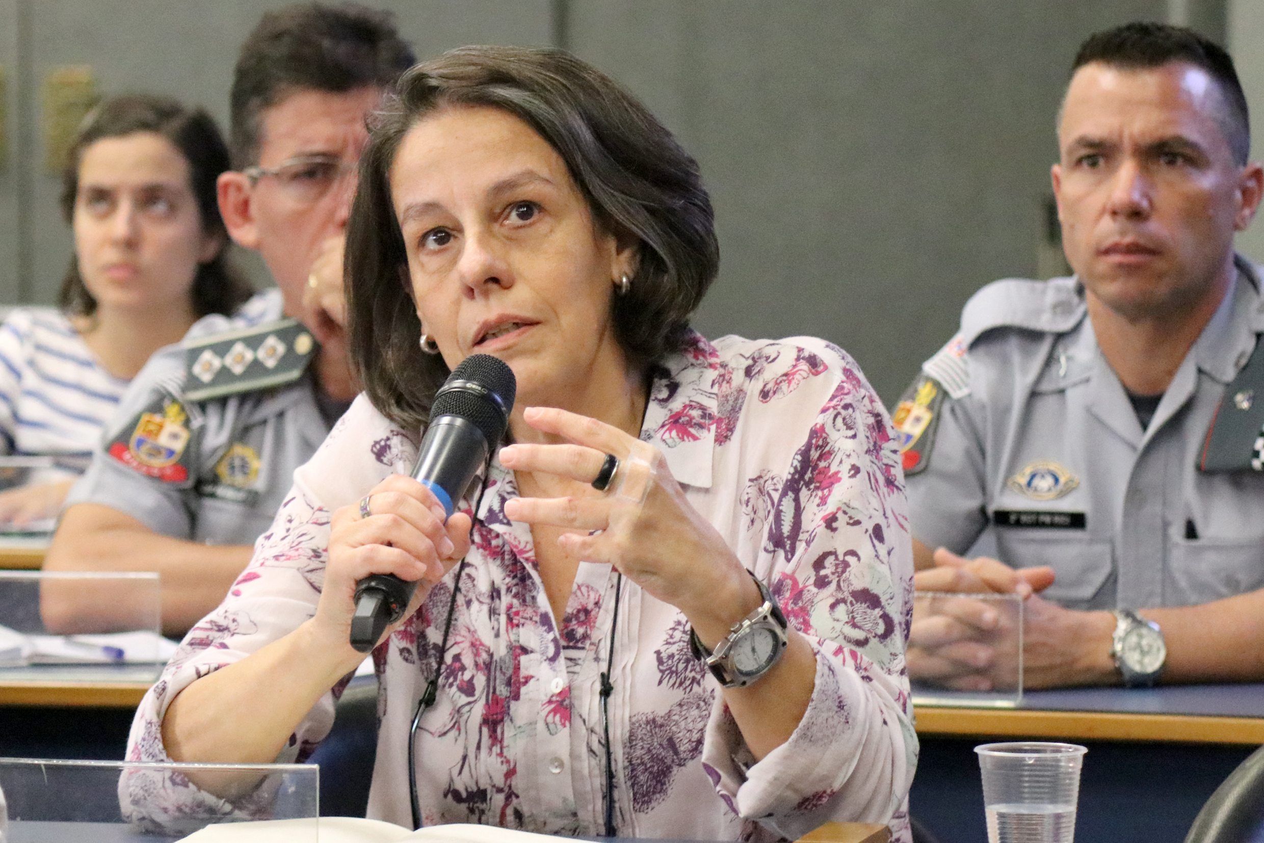 Ana Lúcia Pastore faz perguntas ao expositor durante o debate