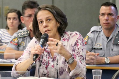 Ana Lúcia Pastore faz perguntas ao expositor durante o debate