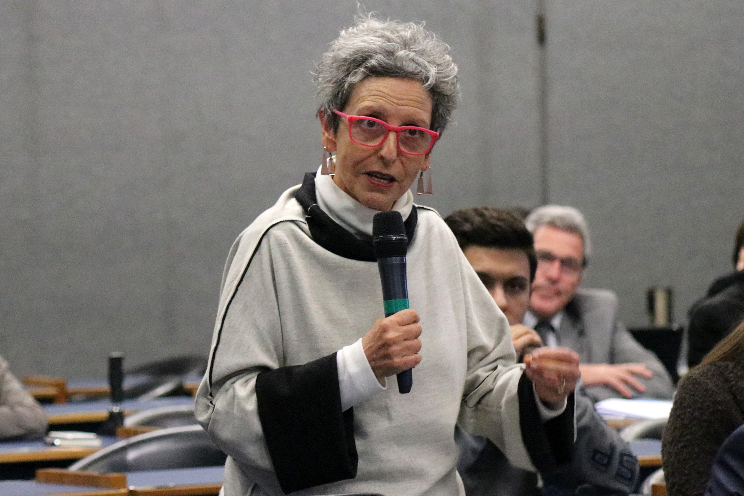 Raquel Rolnik faz perguntas aos expositores durante o debate