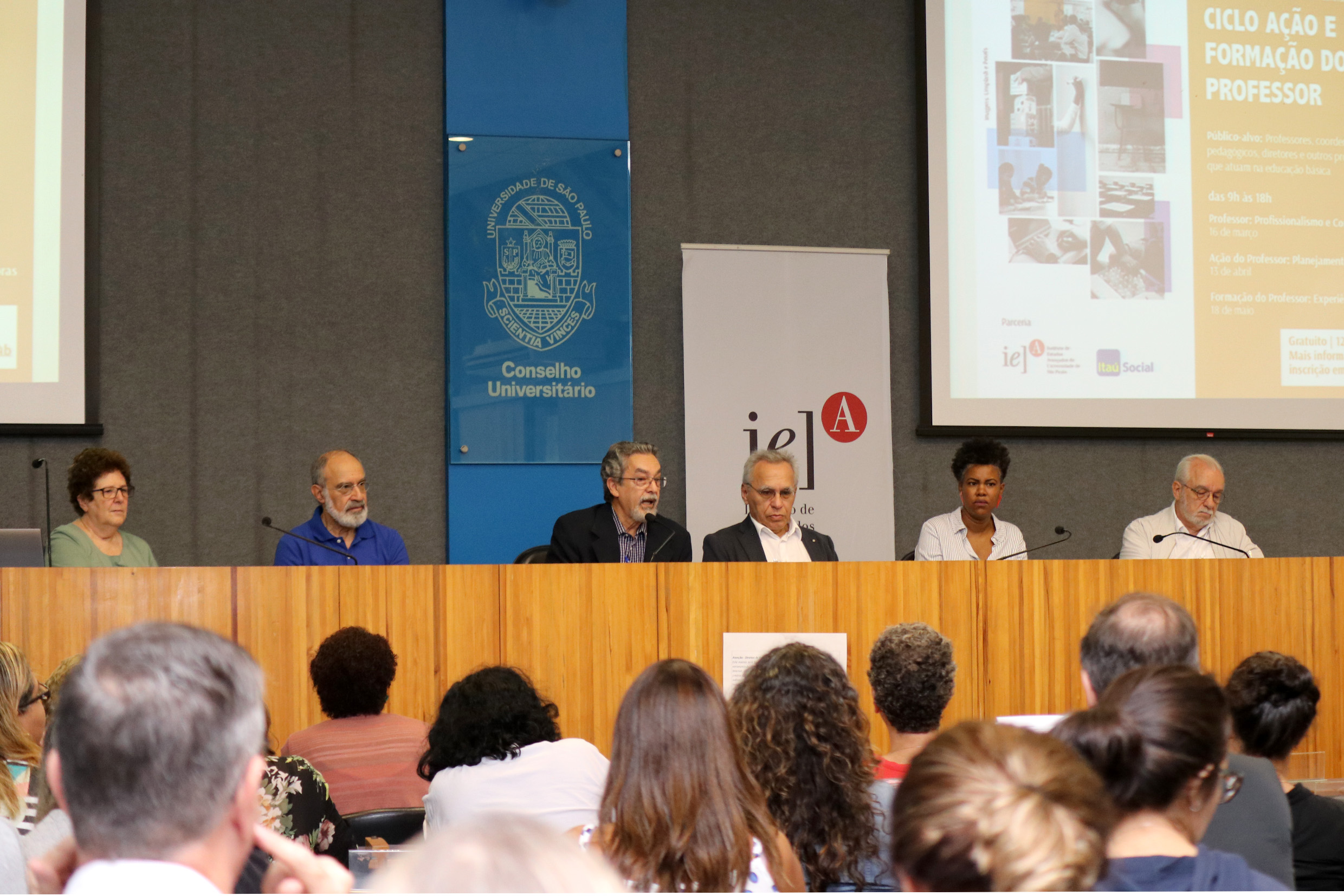 Mesa de abertura do evento: Bernardete Gatti, Guilherme Ary Plonski, Nílson José Machado, Lino de Macedo, Juliana Souza Mavoungou Yade e Luiz Carlos de Menezes