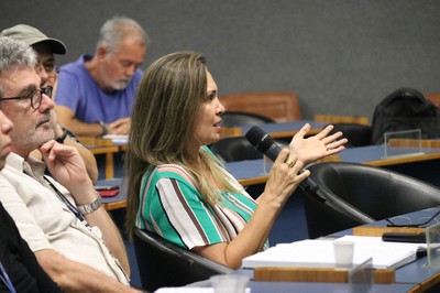Participante do público faz pergunta aos expositores