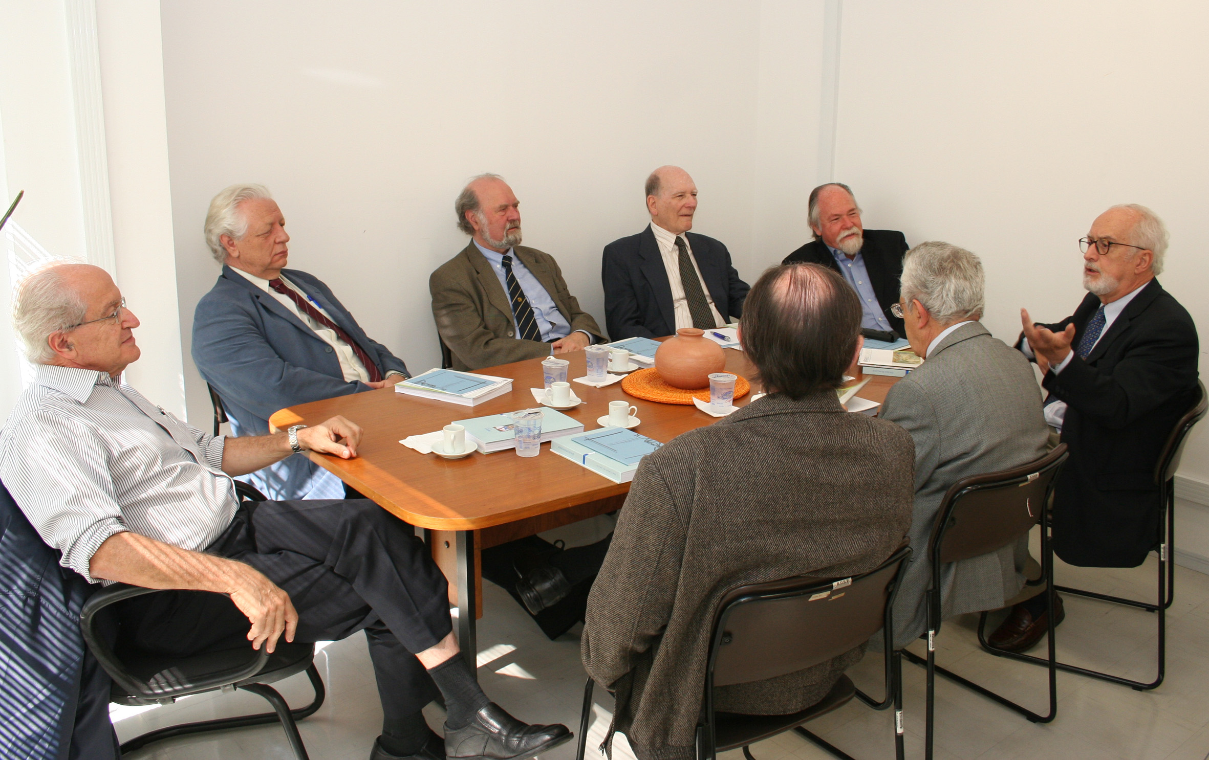 A partir da esquerda, César Ades, João Steiner, Umberto Cordani, Gehard Malnic, Jacques Marcovitch, CArlos Guilherme Mota, Alfredo Bosi e Hernan Chaimovich 