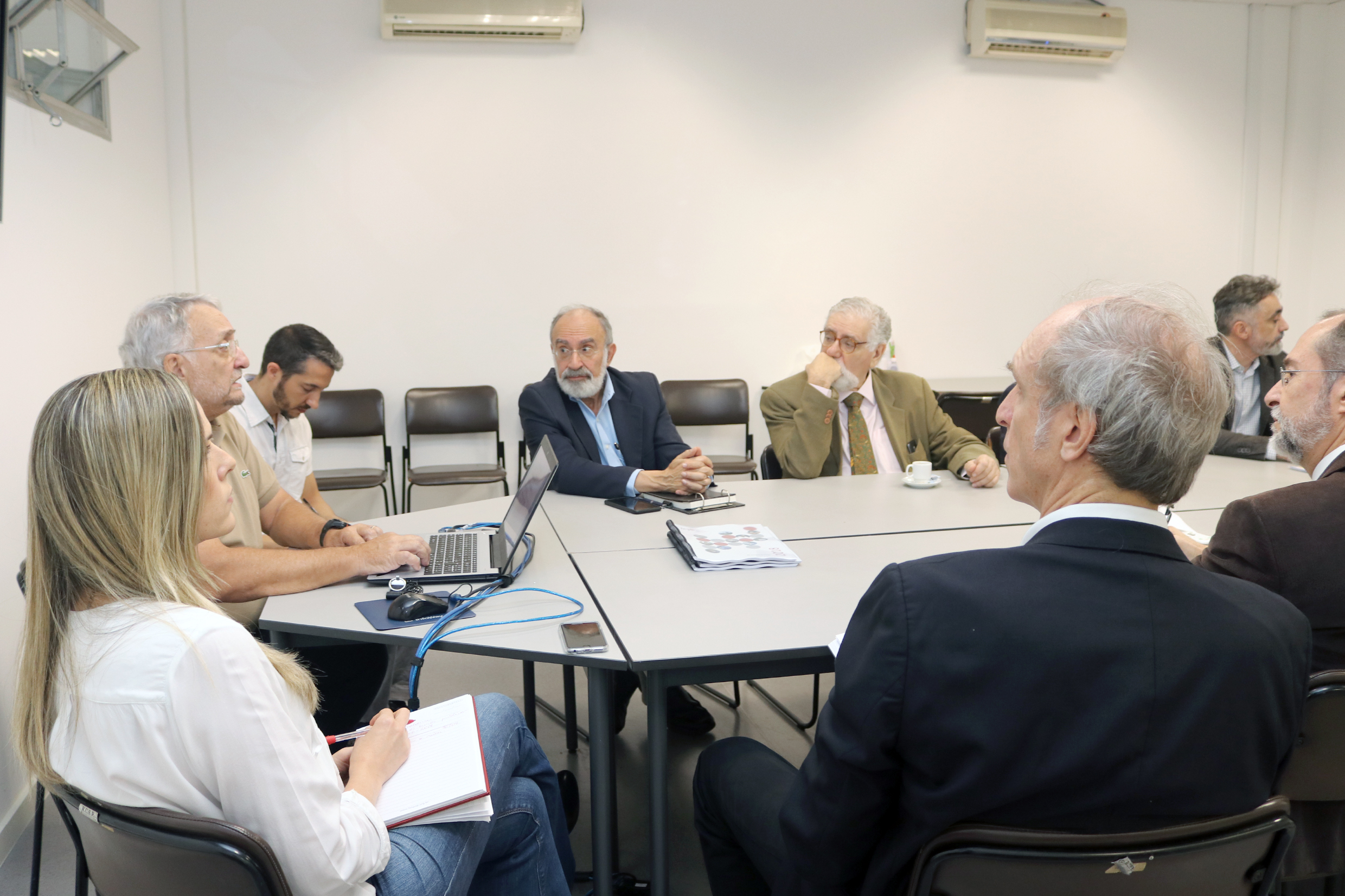 À partir da esquerda, Fernanda Rezende, Paulo Saldiva, Rafael Borsanelli, Guilherme Ary Plosnki, Antonio José da Costa Filho, de costas, Martin Grossmann e Antonio Mauro Saraiva