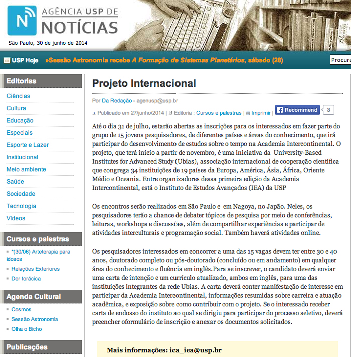 Notícia sobre a Intercontinental Academia