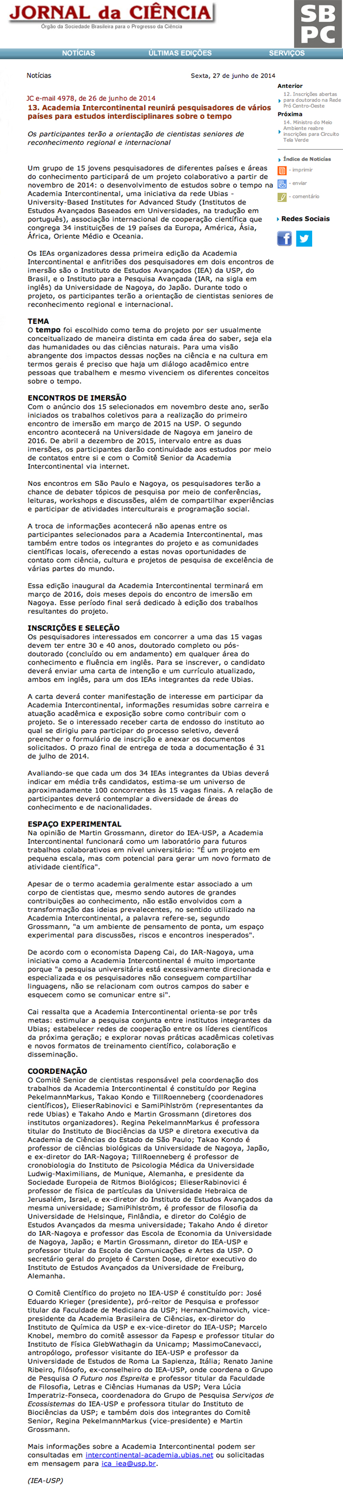 Notícia sobre a Intercontinental Academia