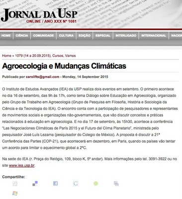 Seminários: Diálogos sobre Educação em Agroecologia e Las Negociaciones Climáticas de París 2015 y el Futuro del Clima Planetario