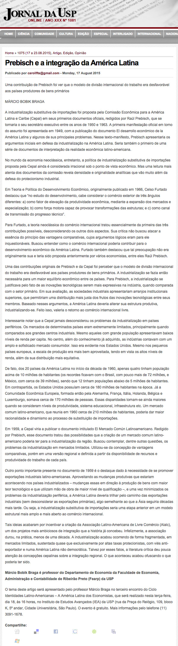 Artigo de Márcio Bobick Braga sobre o Ciclo Temático - A América Latina dos Economistas