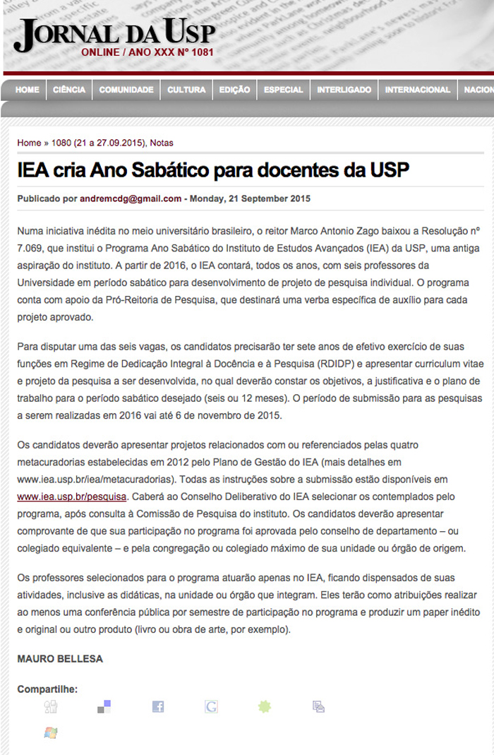 IEA cria Ano Sabático para docentes da USP 