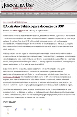 IEA cria Ano Sabático para docentes da USP 
