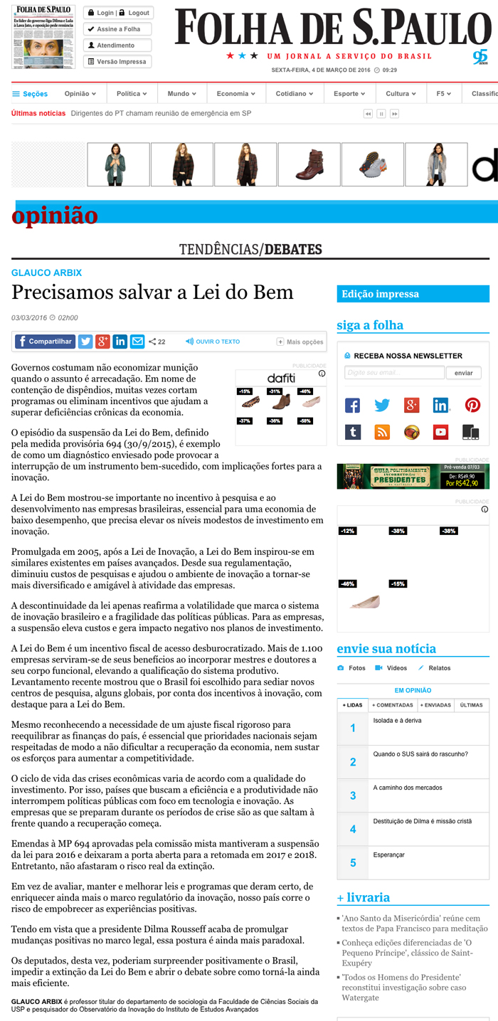 Artigo de Glauco Arbix sobre a Lei do Bem
