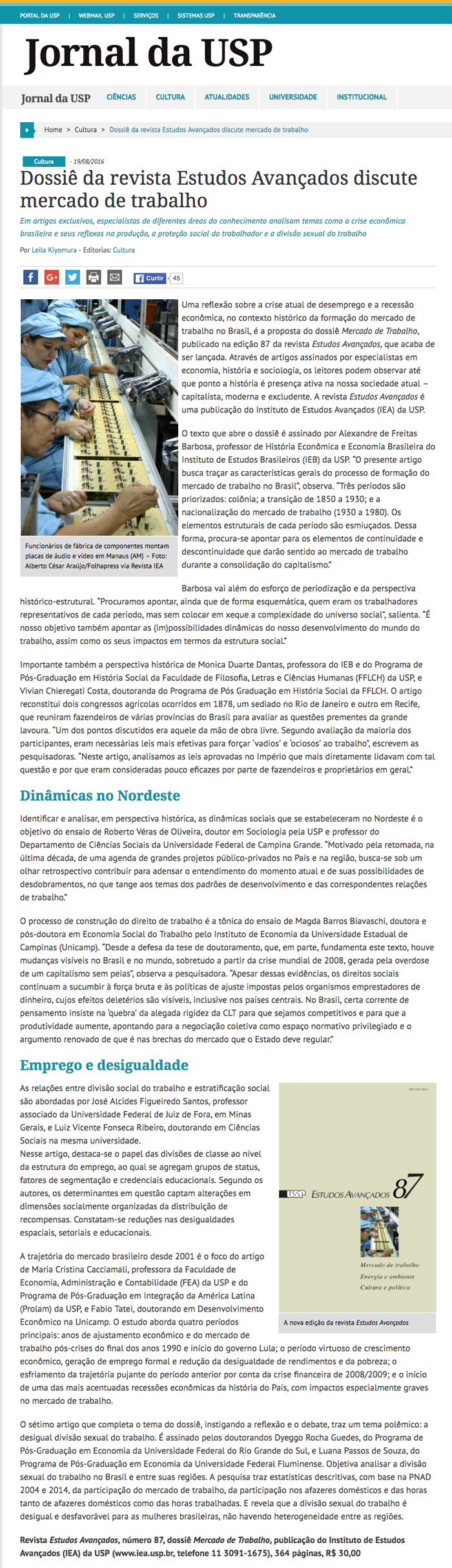 Revista Estudos Avançados N. 87 - Dossiê Mercado de Trabalho