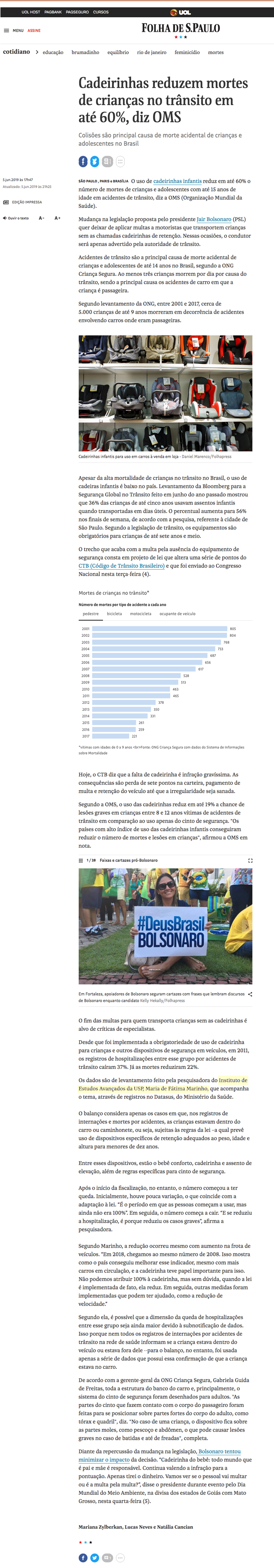 Cadeirinha reduz morte de crianças no trânsito