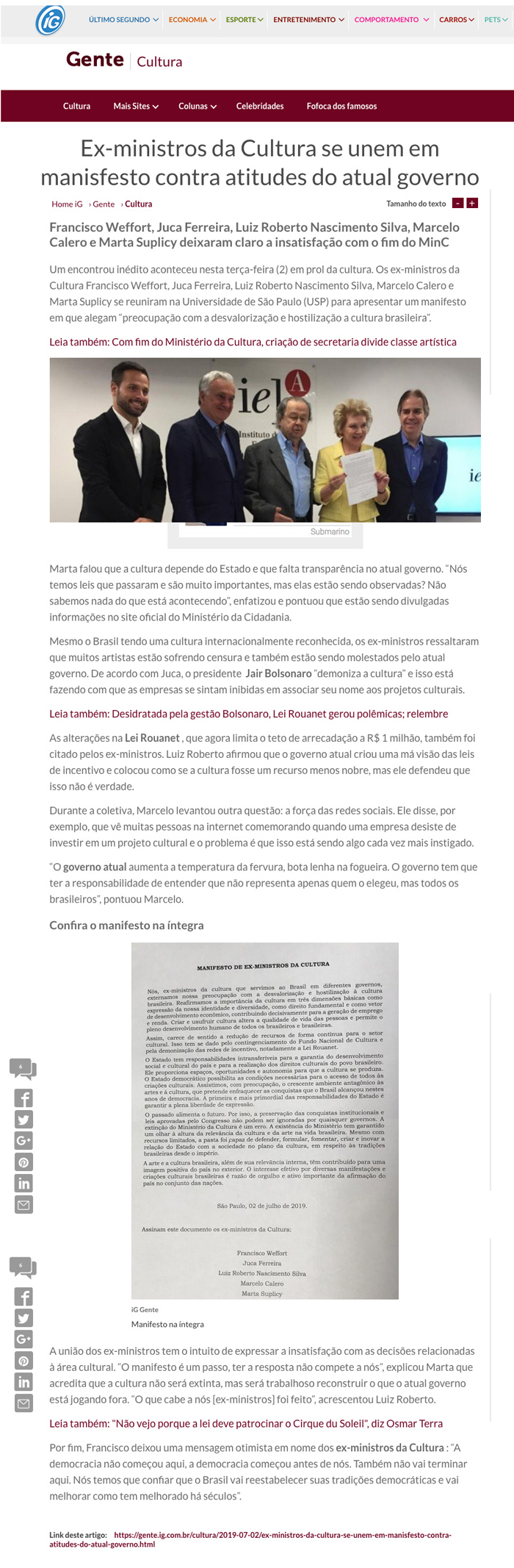 Encontro de ex-ministros da Cultura
