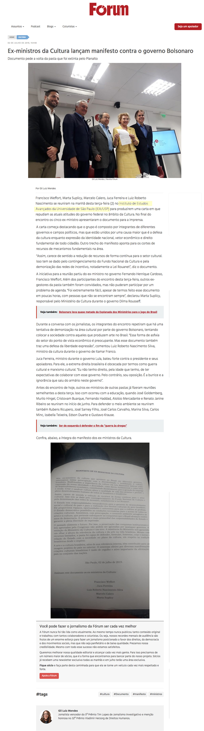 Encontro de ex-ministros da Cultura