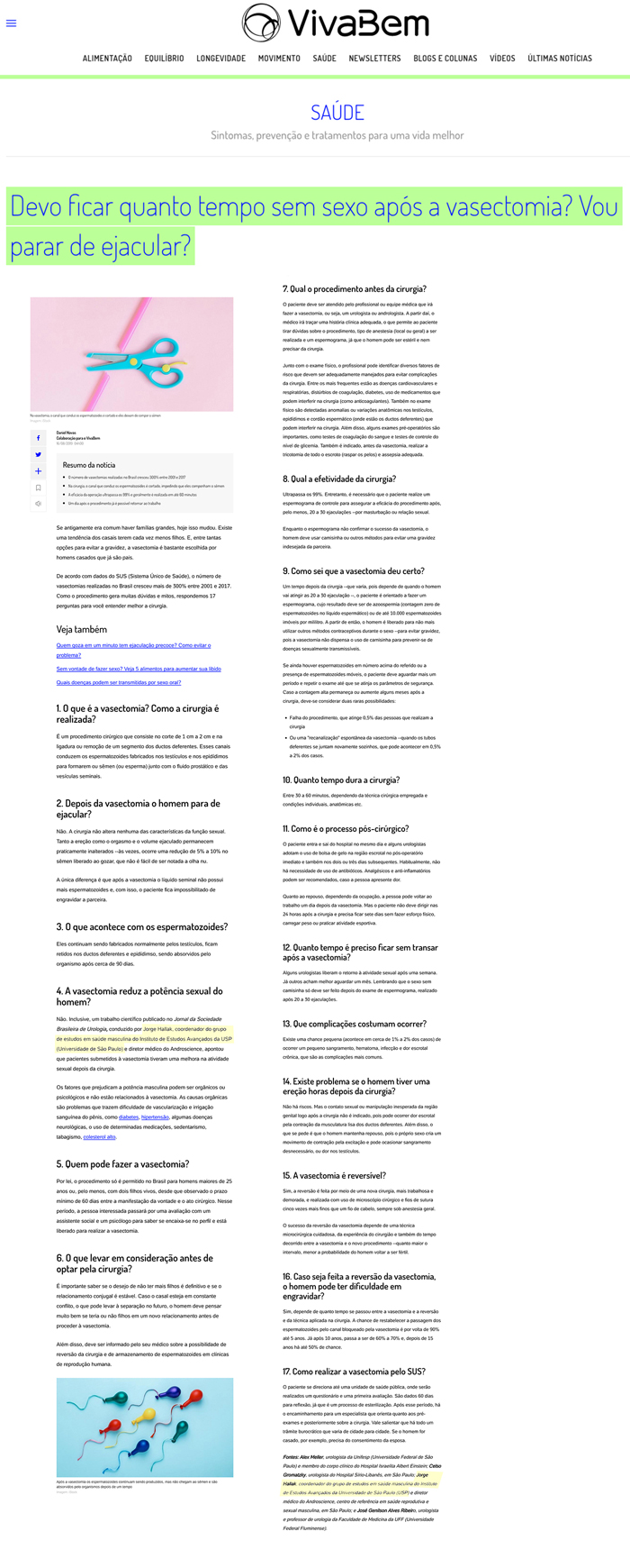Informações sobre Vasectomia
