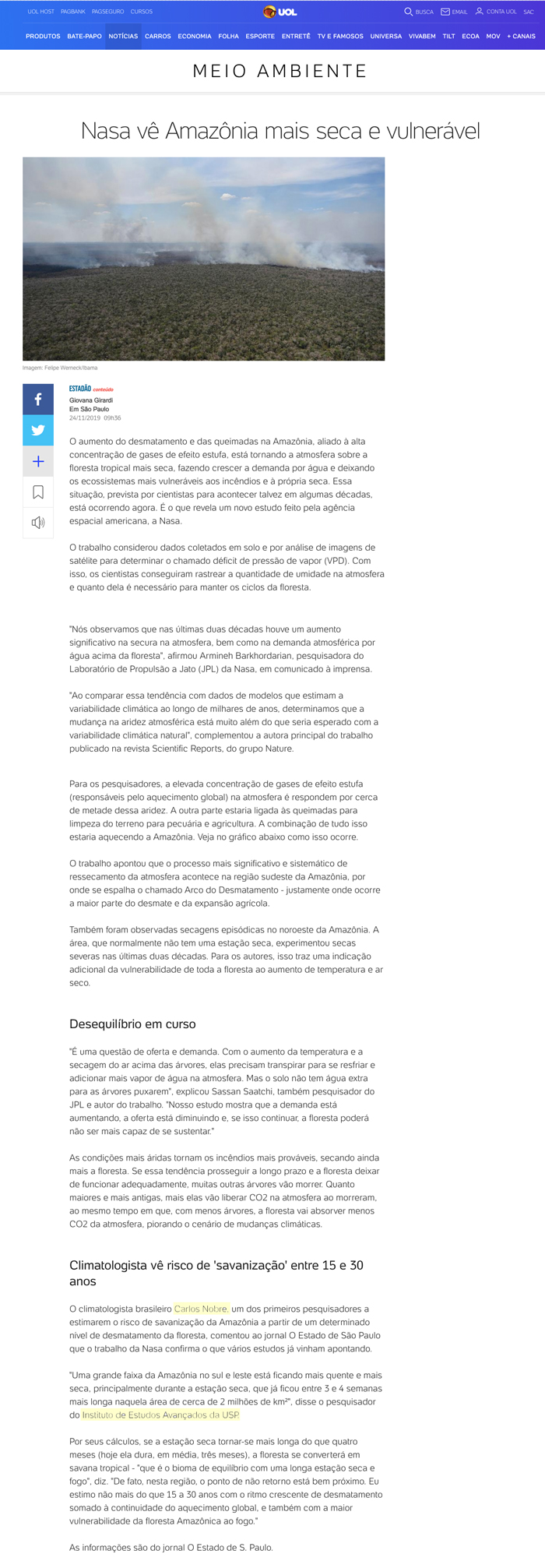 Nasa vê Amazônia mais seca e vulnerável
