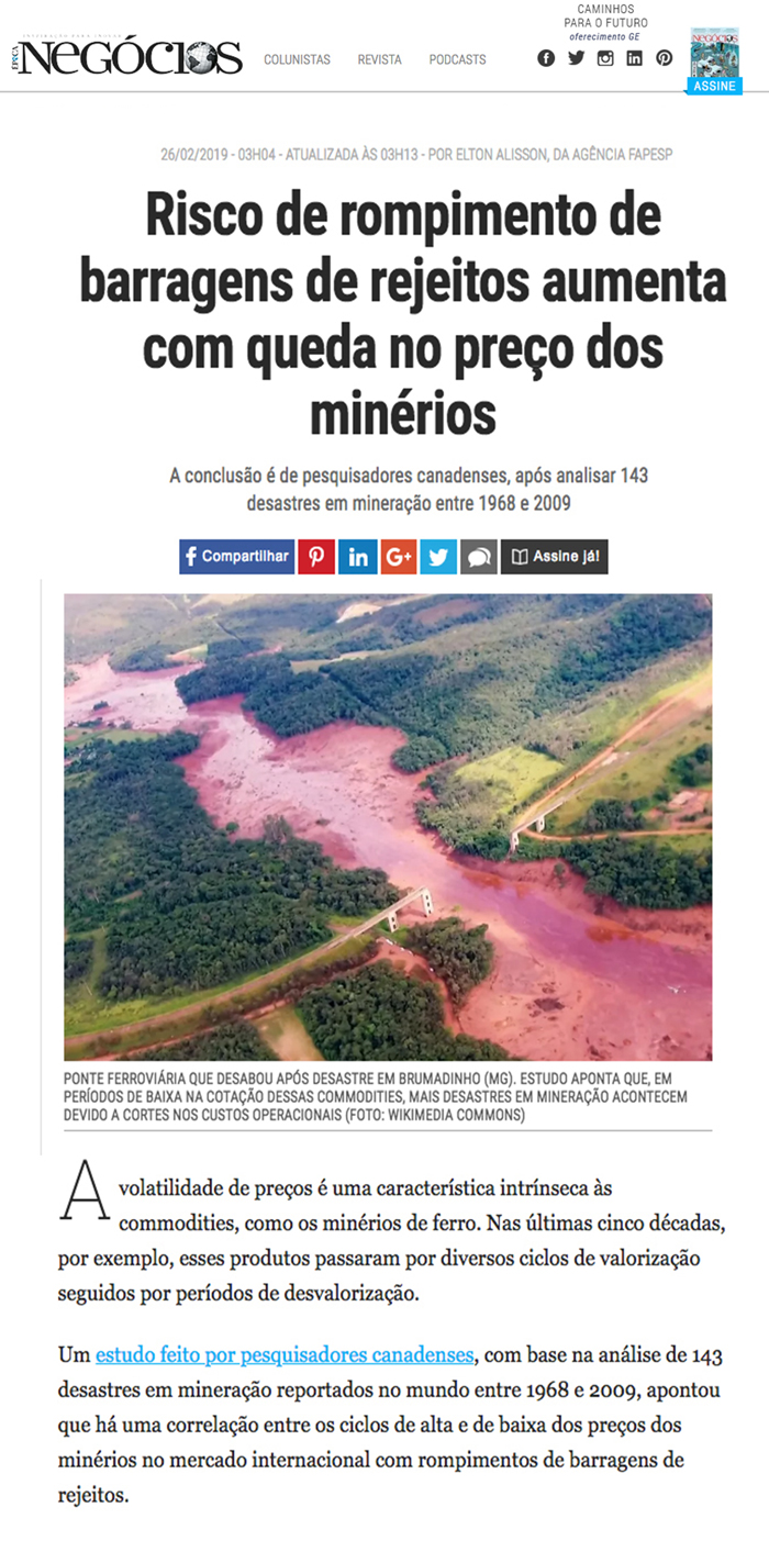 Risco de rompimento de barragens de rejeitos aumenta com queda no preço dos minérios - pág-1