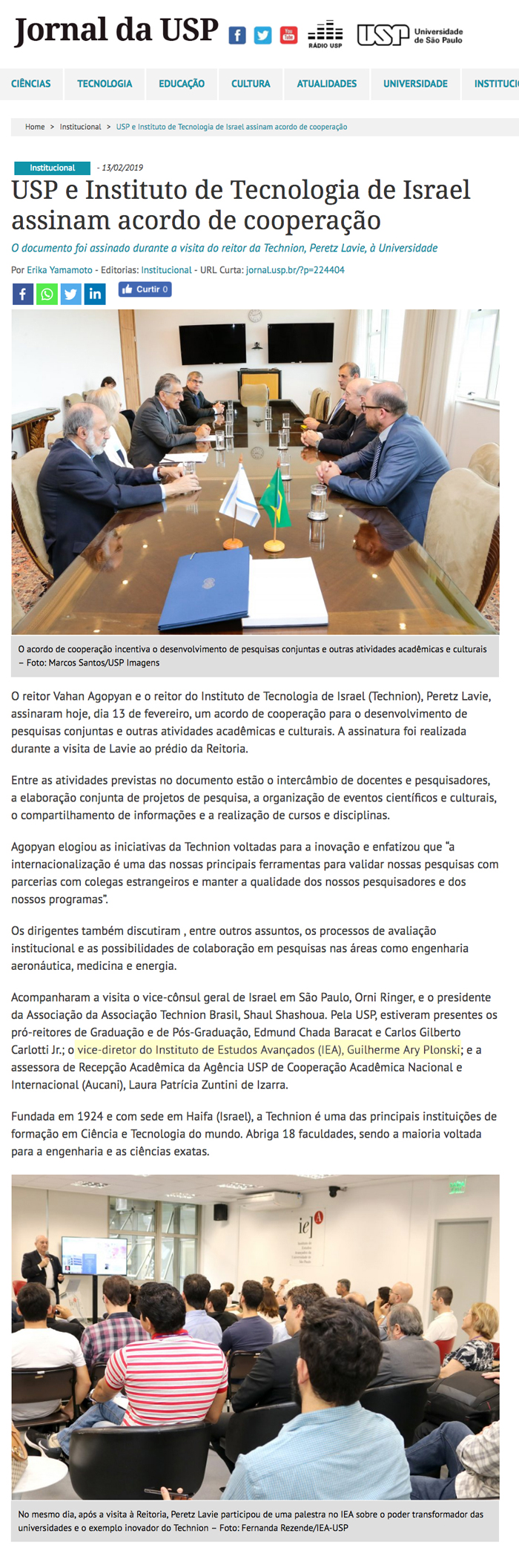 USP e Instituto de Tecnologia de Israel assinam acordo de cooperação