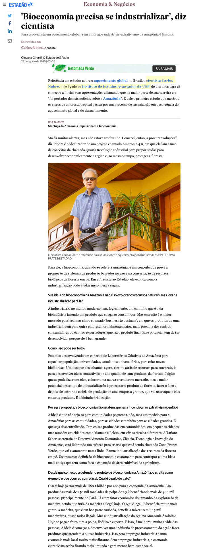 Bioeconomia precisa se industrializar - Entrevista Carlos Nobre