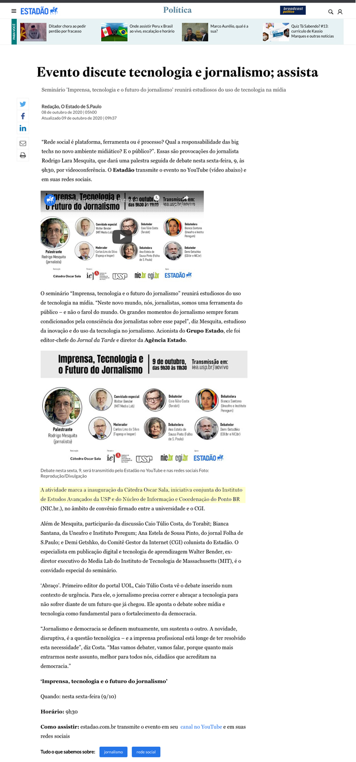 Imprensa, Tecnologia e o Futuro do Jornalismo - Inauguração Cátedra Oscar Sala