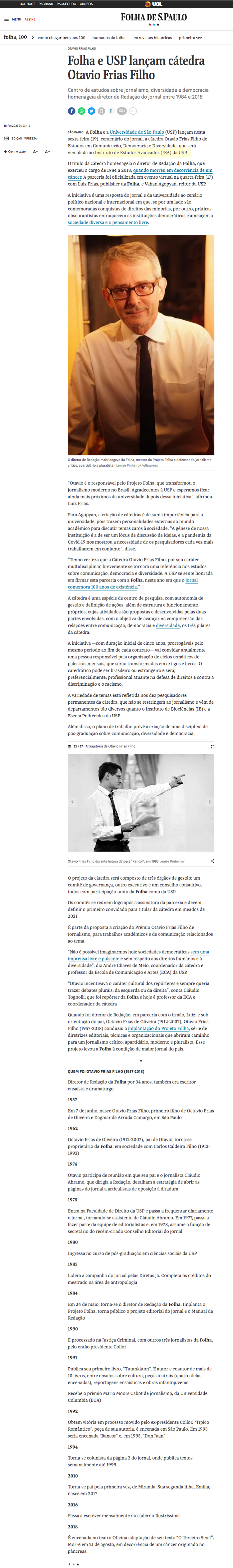 Folha e IEA lançam Cátedra Otávio Frias Filho