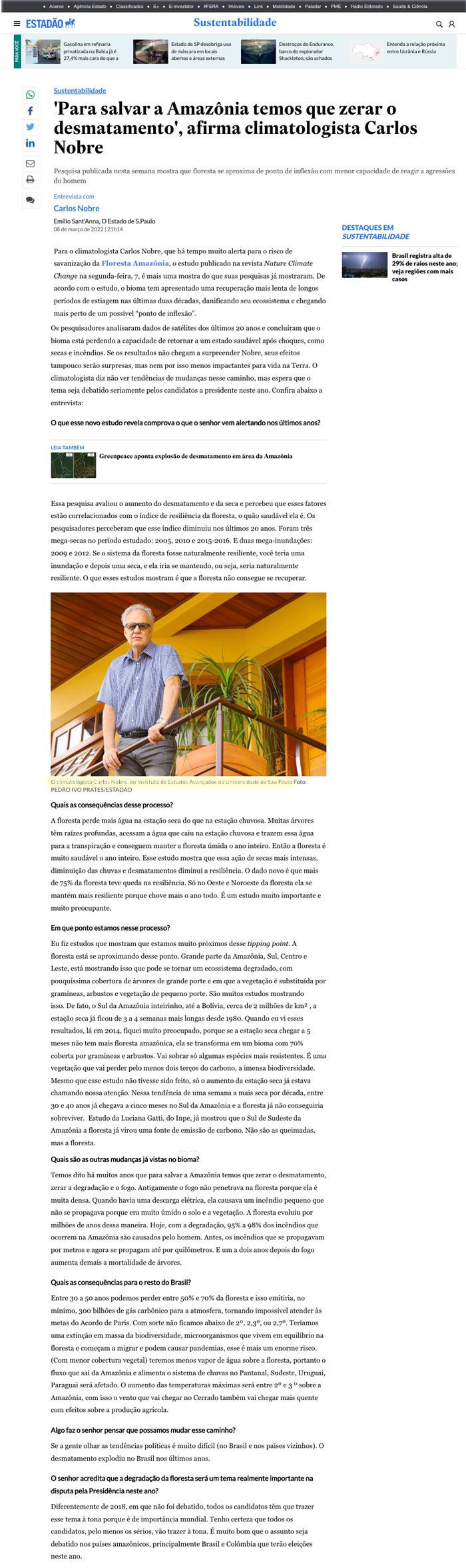 Entrevista de Carlos Nobre sobre desmatamento na Amazônia