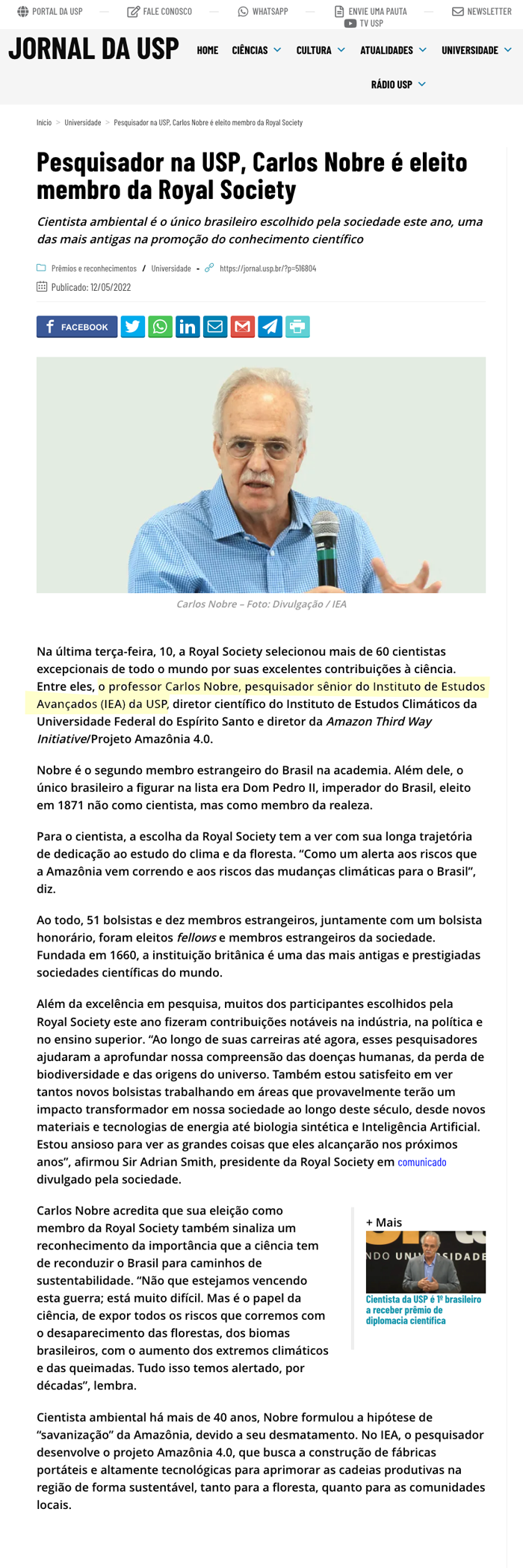 Carlos Nobre eleito membro da Royal Society