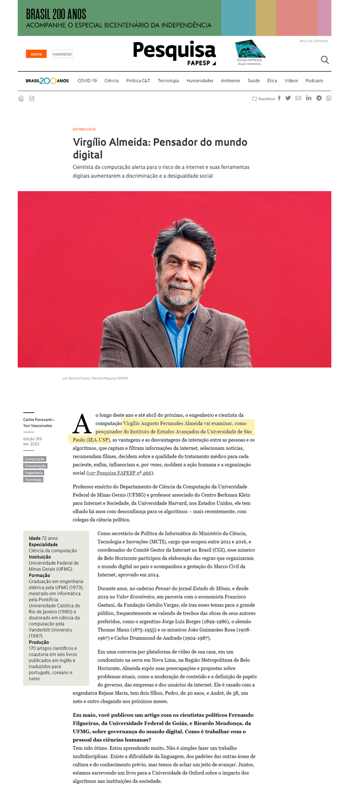 Entrevista de Virgílio Almeida para Revista Pesquisa Fapesp - pag. 1